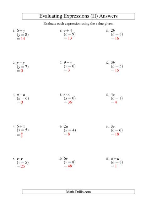 The Evaluating One-Step Algebraic Expressions with One Variable and No Exponents (H) Math Worksheet Page 2