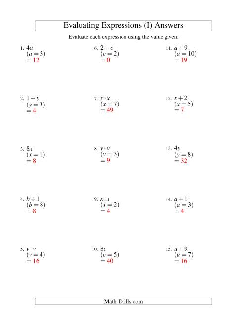 The Evaluating One-Step Algebraic Expressions with One Variable and No Exponents (I) Math Worksheet Page 2