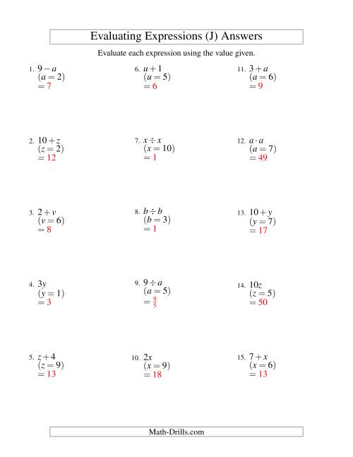 The Evaluating One-Step Algebraic Expressions with One Variable and No Exponents (J) Math Worksheet Page 2