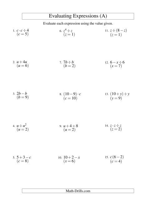The Evaluating Two-Step Algebraic Expressions with One Variable (A) Math Worksheet