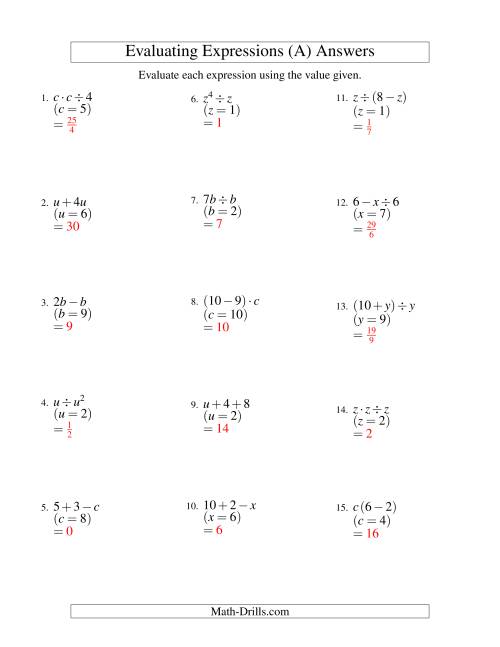 The Evaluating Two-Step Algebraic Expressions with One Variable (A) Math Worksheet Page 2