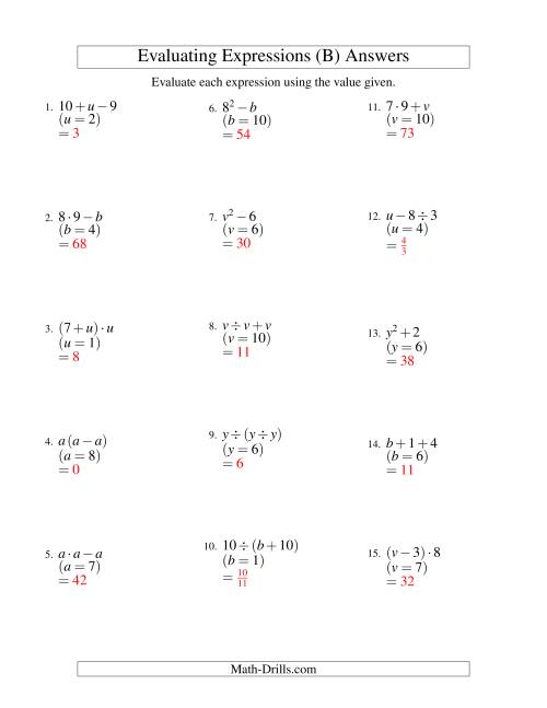 The Evaluating Two-Step Algebraic Expressions with One Variable (B) Math Worksheet Page 2