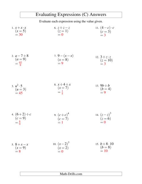The Evaluating Two-Step Algebraic Expressions with One Variable (C) Math Worksheet Page 2