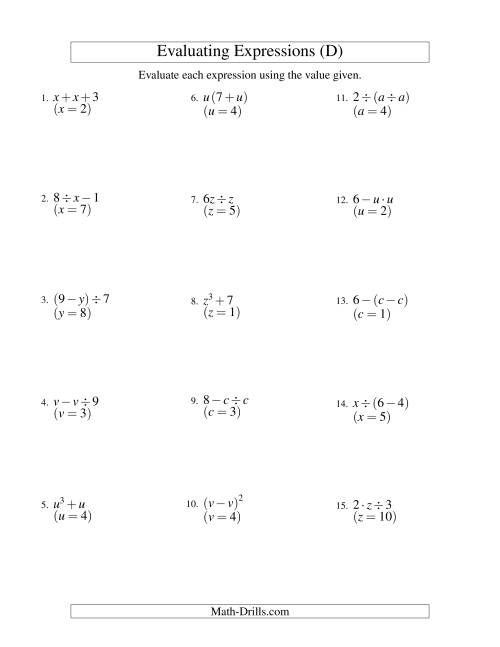 The Evaluating Two-Step Algebraic Expressions with One Variable (D) Math Worksheet