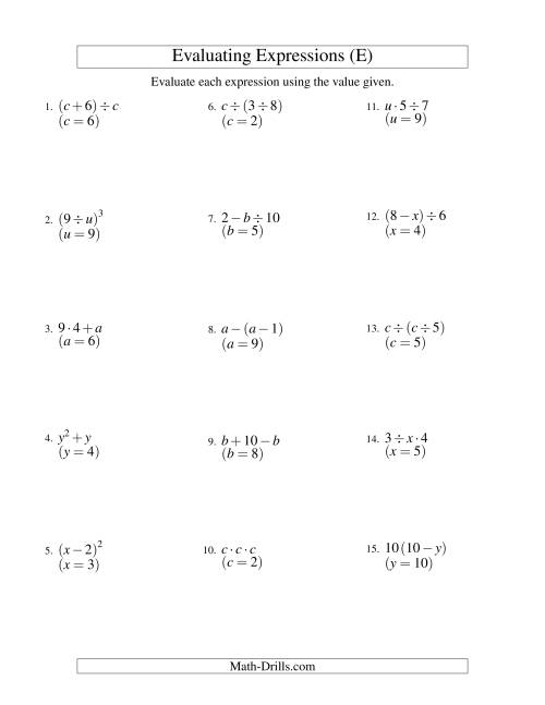 The Evaluating Two-Step Algebraic Expressions with One Variable (E) Math Worksheet