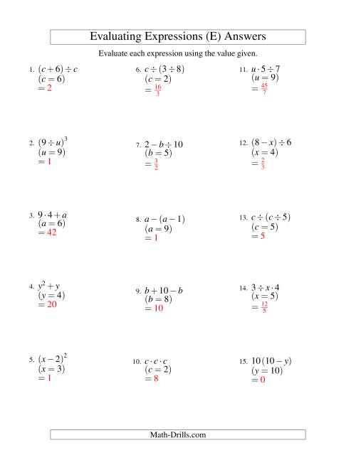 The Evaluating Two-Step Algebraic Expressions with One Variable (E) Math Worksheet Page 2