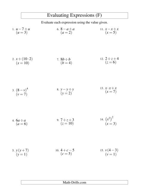 The Evaluating Two-Step Algebraic Expressions with One Variable (F) Math Worksheet
