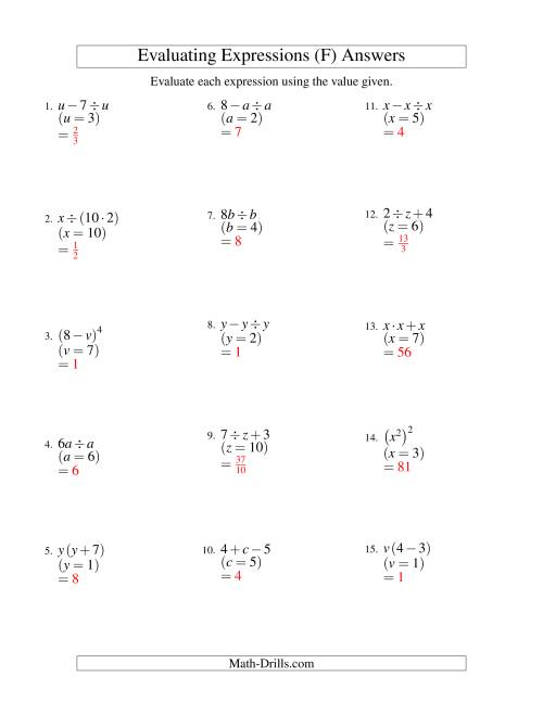 The Evaluating Two-Step Algebraic Expressions with One Variable (F) Math Worksheet Page 2