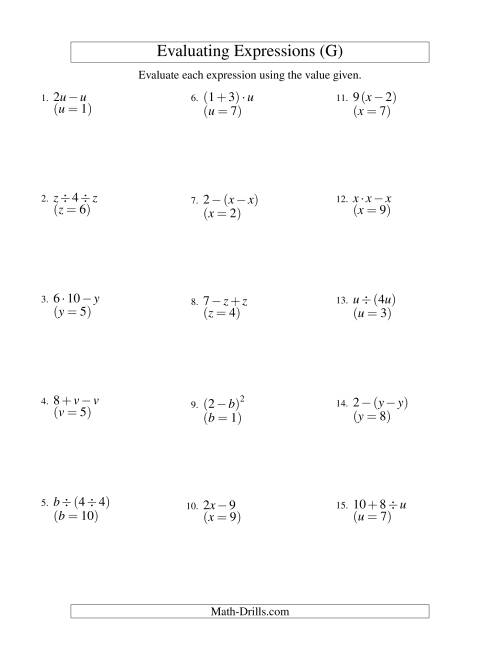The Evaluating Two-Step Algebraic Expressions with One Variable (G) Math Worksheet