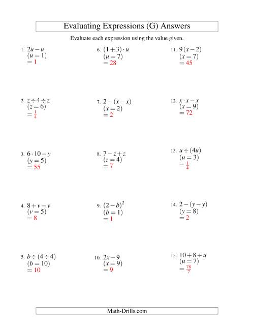 The Evaluating Two-Step Algebraic Expressions with One Variable (G) Math Worksheet Page 2