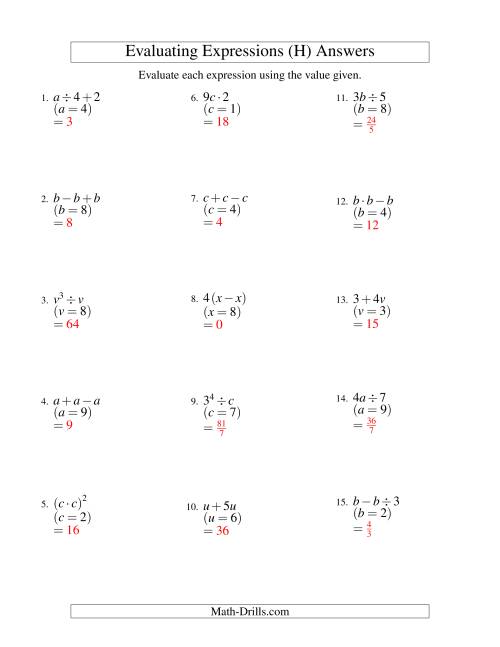 The Evaluating Two-Step Algebraic Expressions with One Variable (H) Math Worksheet Page 2