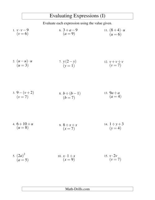 The Evaluating Two-Step Algebraic Expressions with One Variable (I) Math Worksheet