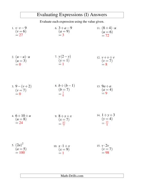 The Evaluating Two-Step Algebraic Expressions with One Variable (I) Math Worksheet Page 2