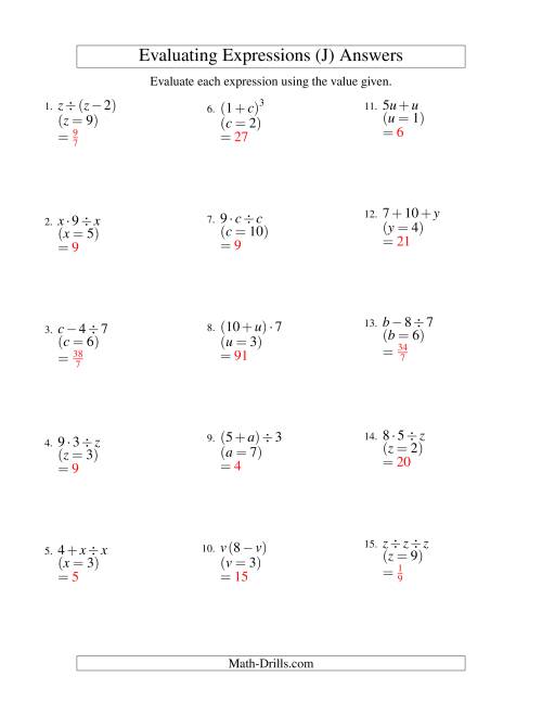 The Evaluating Two-Step Algebraic Expressions with One Variable (J) Math Worksheet Page 2