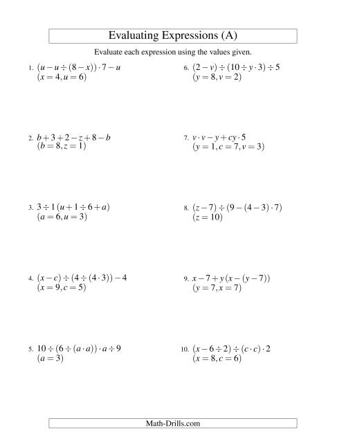 The Evaluating Five-Step Algebraic Expressions with Three Variables (A) Math Worksheet