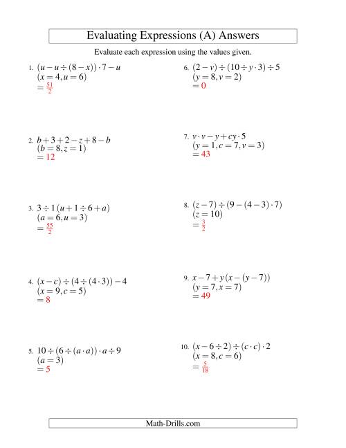 The Evaluating Five-Step Algebraic Expressions with Three Variables (A) Math Worksheet Page 2