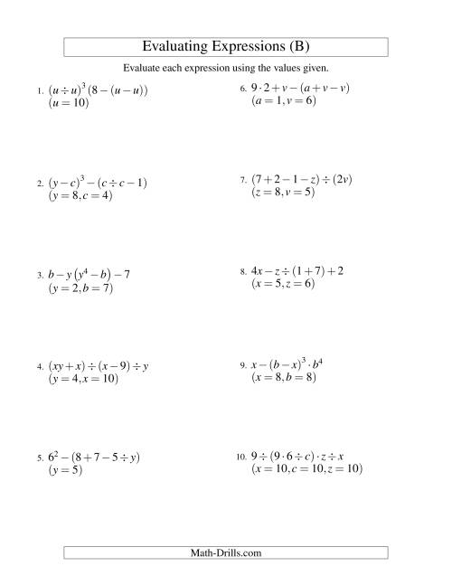 The Evaluating Five-Step Algebraic Expressions with Three Variables (B) Math Worksheet