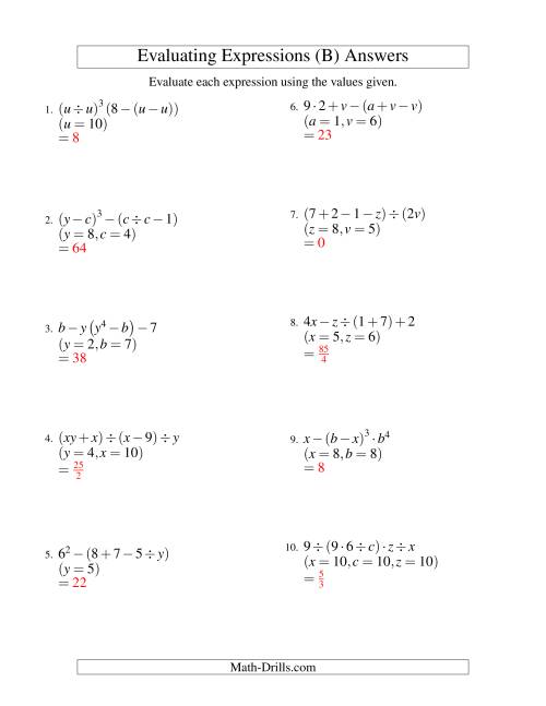 The Evaluating Five-Step Algebraic Expressions with Three Variables (B) Math Worksheet Page 2