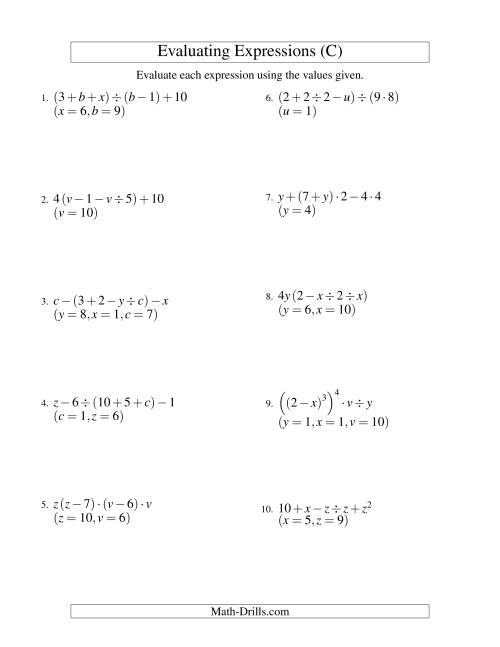The Evaluating Five-Step Algebraic Expressions with Three Variables (C) Math Worksheet