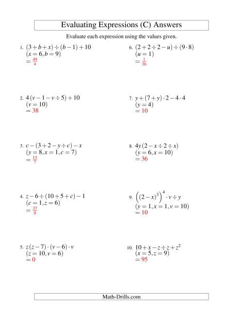 The Evaluating Five-Step Algebraic Expressions with Three Variables (C) Math Worksheet Page 2