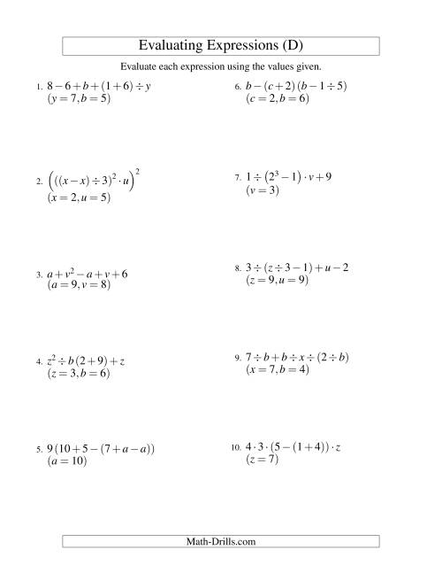 The Evaluating Five-Step Algebraic Expressions with Three Variables (D) Math Worksheet