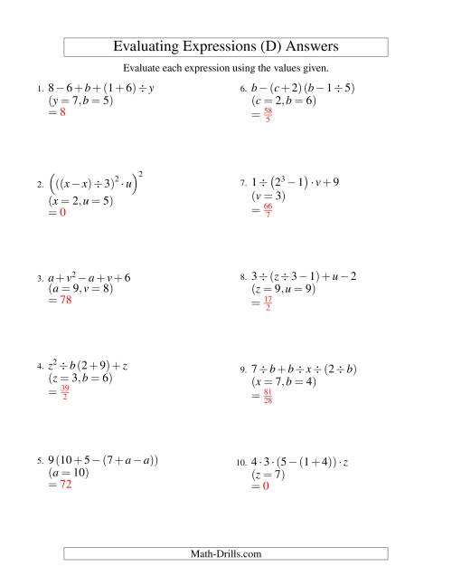 The Evaluating Five-Step Algebraic Expressions with Three Variables (D) Math Worksheet Page 2