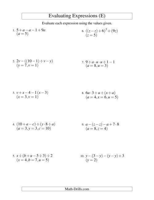 The Evaluating Five-Step Algebraic Expressions with Three Variables (E) Math Worksheet