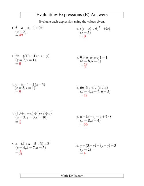 The Evaluating Five-Step Algebraic Expressions with Three Variables (E) Math Worksheet Page 2