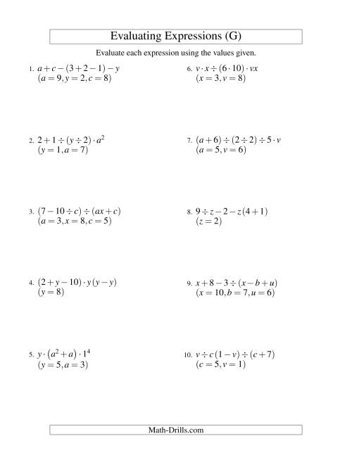 The Evaluating Five-Step Algebraic Expressions with Three Variables (G) Math Worksheet