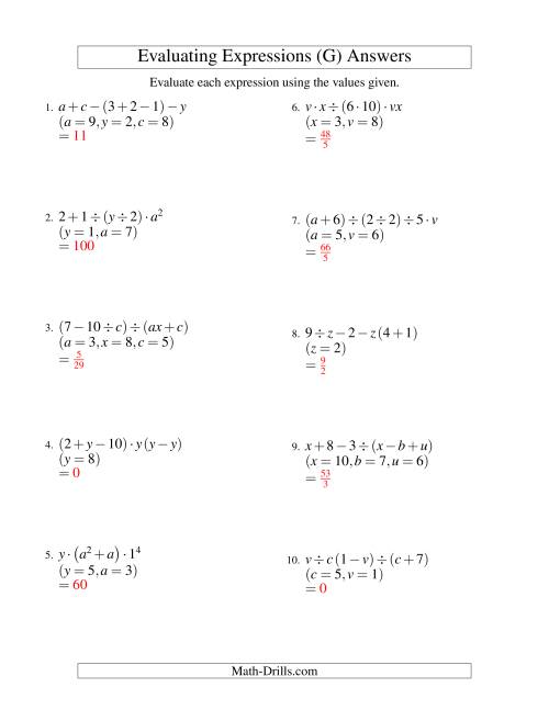 The Evaluating Five-Step Algebraic Expressions with Three Variables (G) Math Worksheet Page 2