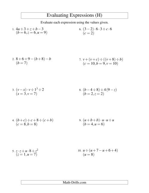 The Evaluating Five-Step Algebraic Expressions with Three Variables (H) Math Worksheet