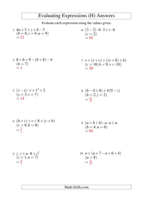 The Evaluating Five-Step Algebraic Expressions with Three Variables (H) Math Worksheet Page 2