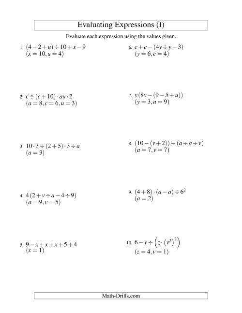 The Evaluating Five-Step Algebraic Expressions with Three Variables (I) Math Worksheet