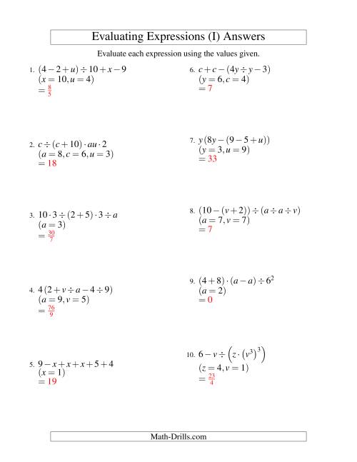 The Evaluating Five-Step Algebraic Expressions with Three Variables (I) Math Worksheet Page 2