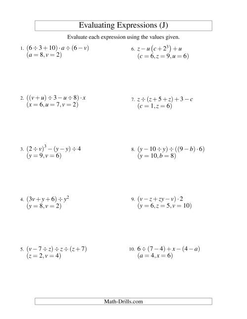 The Evaluating Five-Step Algebraic Expressions with Three Variables (J) Math Worksheet