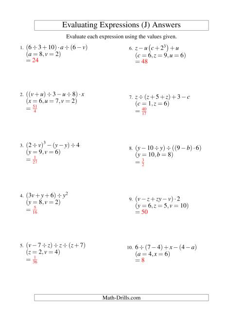 The Evaluating Five-Step Algebraic Expressions with Three Variables (J) Math Worksheet Page 2