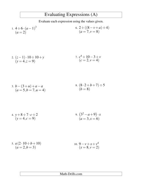 The Evaluating Four-Step Algebraic Expressions with Three Variables (A) Math Worksheet