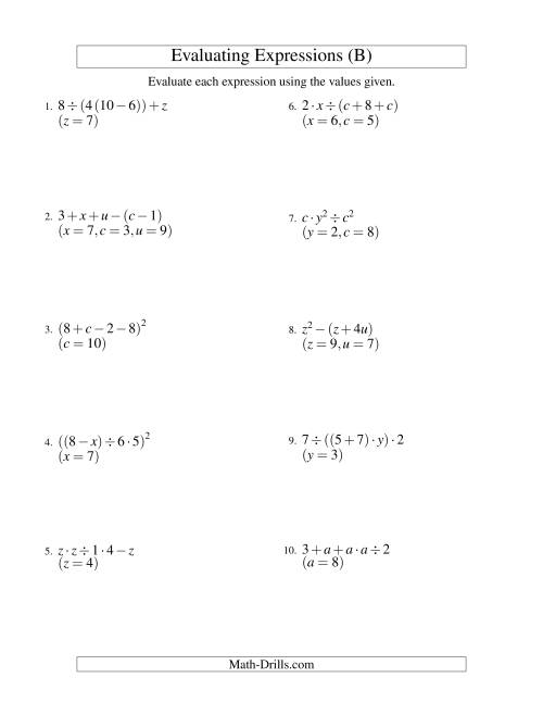 The Evaluating Four-Step Algebraic Expressions with Three Variables (B) Math Worksheet