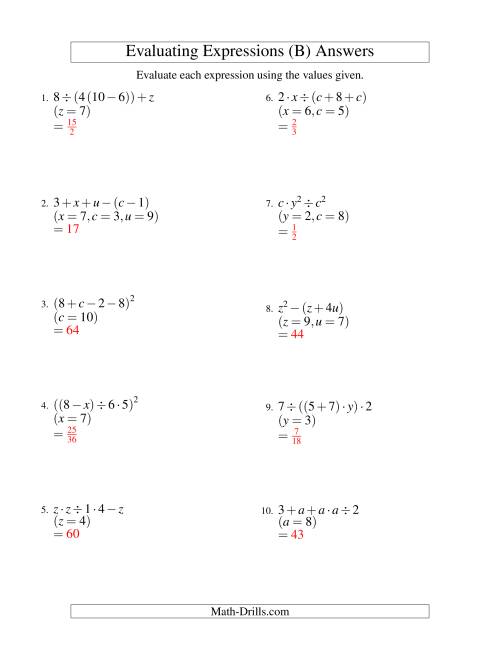 The Evaluating Four-Step Algebraic Expressions with Three Variables (B) Math Worksheet Page 2