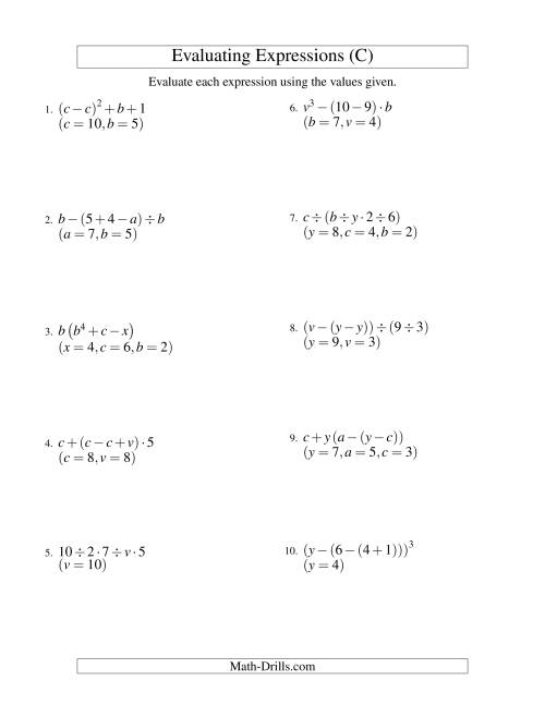 The Evaluating Four-Step Algebraic Expressions with Three Variables (C) Math Worksheet