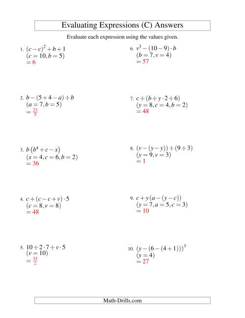 The Evaluating Four-Step Algebraic Expressions with Three Variables (C) Math Worksheet Page 2