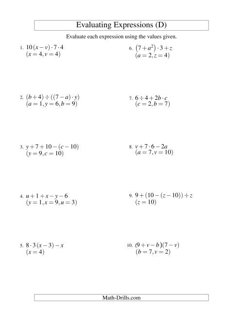 The Evaluating Four-Step Algebraic Expressions with Three Variables (D) Math Worksheet