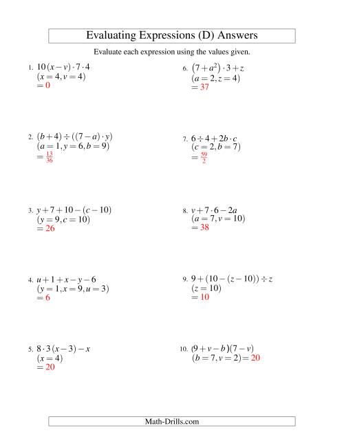 The Evaluating Four-Step Algebraic Expressions with Three Variables (D) Math Worksheet Page 2
