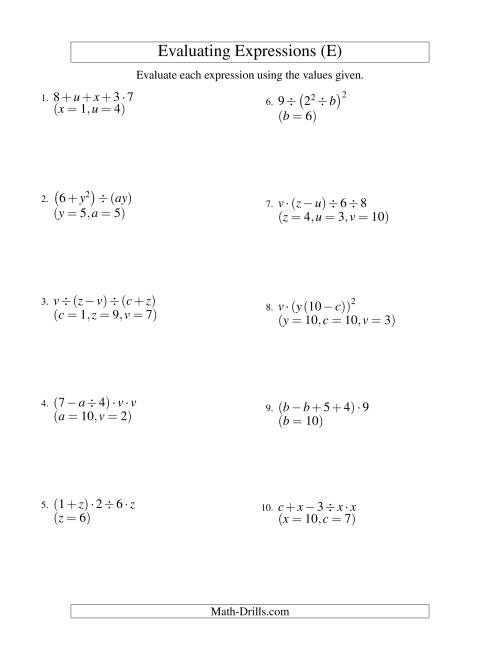 The Evaluating Four-Step Algebraic Expressions with Three Variables (E) Math Worksheet