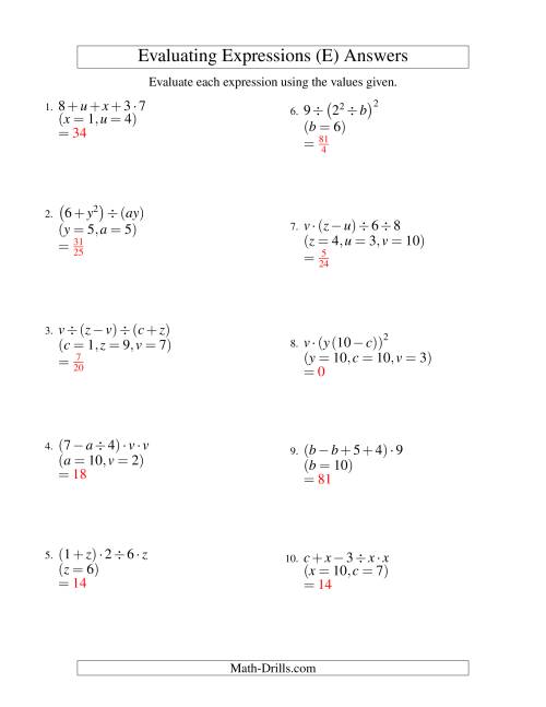 The Evaluating Four-Step Algebraic Expressions with Three Variables (E) Math Worksheet Page 2