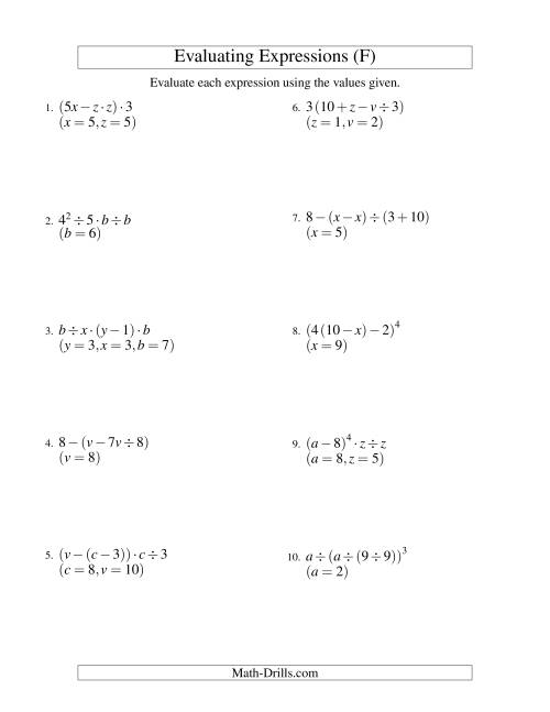 The Evaluating Four-Step Algebraic Expressions with Three Variables (F) Math Worksheet