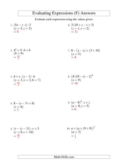 The Evaluating Four-Step Algebraic Expressions with Three Variables (F) Math Worksheet Page 2