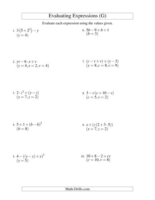 The Evaluating Four-Step Algebraic Expressions with Three Variables (G) Math Worksheet