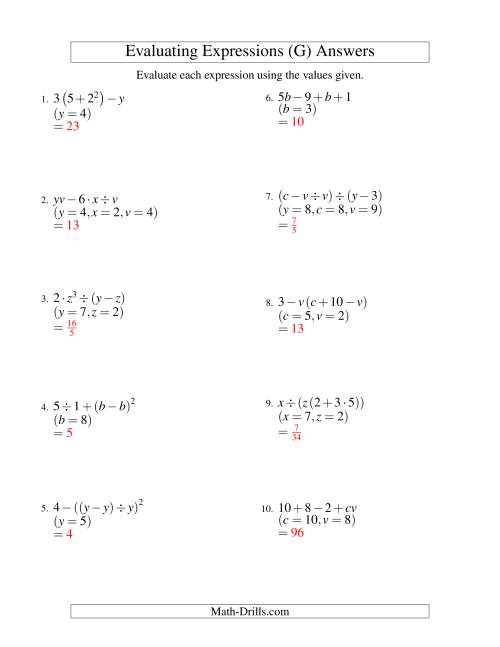 The Evaluating Four-Step Algebraic Expressions with Three Variables (G) Math Worksheet Page 2
