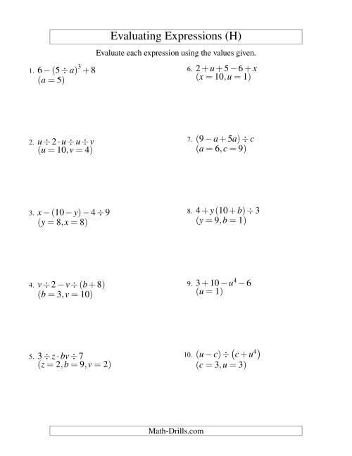 The Evaluating Four-Step Algebraic Expressions with Three Variables (H) Math Worksheet